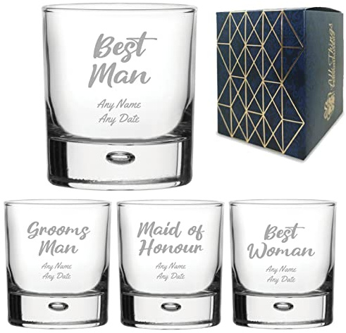 Personalised Engraved Wedding Guest Whiskey Glass, Best Man, Grooms Man, Best Woman, Maid of Honour, Chief Bridesmaid, Any Text, Central Double Old Fashioned 11.5oz, Script Font