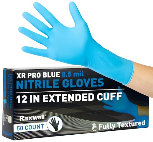Raxwell Disposable Nitrile Gloves - Waterproof Chemical-Resistant Dishwashing & Cooking Gloves - Extended Cuff Long Nitrile - Medium, Blue, Pack of 50, 8.5 mil