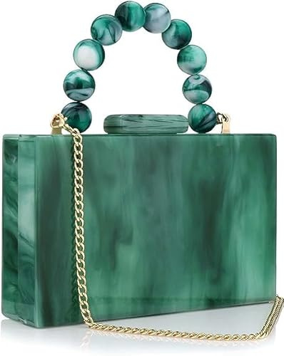 Acrylic Purses Evening Clutch Bag Marbling Handbags for Women Cross Body Bag with Pearl Chain Formal Wedding Prom Party (Green)