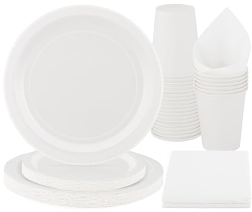 PARTY GO 96 Pezzi Stoviglie per Feste Per 24 Ospiti Con Piatto Usa e Getta di Carta Party Tazze Tovaglioli, Piatti Carta per Compleanno, Nuziale Doccia, Fidanzamento, Matrimonio, Bianco