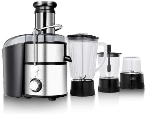 ROYALTY LINE, RL-PJ19003 Exprimidor, Licuadora, Picadora y Molinillo 4 en 1, 1000W, Tubo de Alimentación de 85mm, Acero Inoxidable, Vaso de 1000ml, Contenedor de Pulpa de 2000ml, Negro, Multifuncional