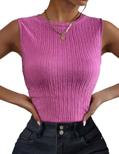 Zeagoo Fitted Tops for Women High Neck Ribbed Thick Strap Tight Slim Basic Tank Tops Hot Pink