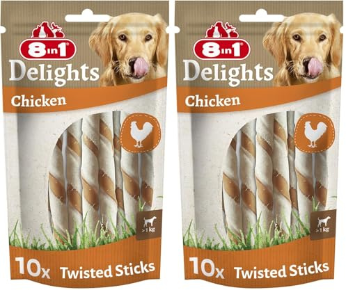 8in1 Delights Chicken Twisted Sticks - gesunde Kaustangen für Hunde, hochwertiges Hähnchenfleisch eingewickelt in Rinderhaut, 10 Stück (Packung mit 2)