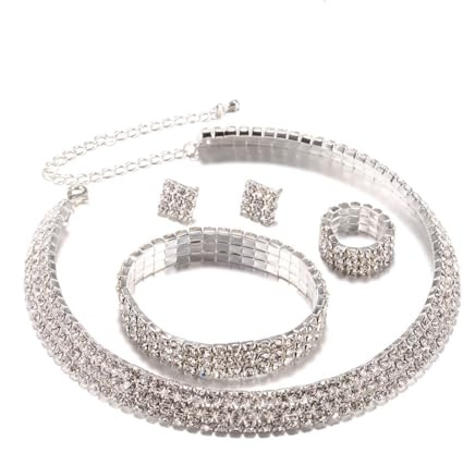 Danshinbow Set di gioielli con strass, con collana, bracciale, anello, orecchini di cristallo, per donne e ragazze, in metallo