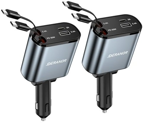 [2 Pack] Retractable Car Charger 4 in 1 Fast Car Phone Charger 69W, USB C Car Truck Accessories Adapter with 2X Retractable Phone Charger Cords and USB Port for i Phone 17/16/15/14,for Samsung S25/S24