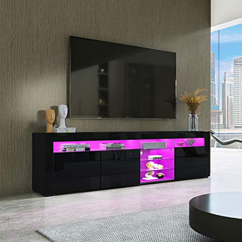 Moderne TV Tisch für Wohnzimmer mit LED Leuchten 3 Türen Lagerung, Hochglanz Schwarz Fernsehschrank, TV-Schrank für Wohnmöbel, TV Lowboard 180cm