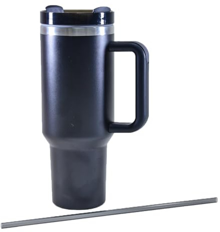 Kögler 13120 - Gobelet Isotherme avec Paille et Anse, 1200 ML, Double paroi, INOX et Plastique, réutilisable, Noir