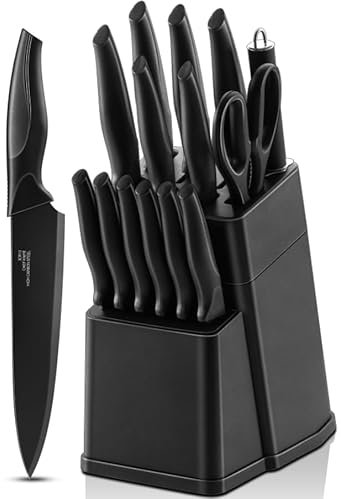 Kitchen Knife Set, Homikit 15Pcs Knife Block Set with Steak Knives, Stainless Steel Sharp Knife with Ergonomic Handles for Cutting Slicing, Non-Rust & Easy Clean, Black