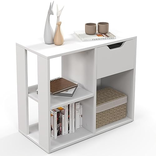 GOPLUS 2-stöckiges Bücherregal, Aufbewahrungsregal mit 3 Würfeln & Schublade, Würfelregal aus Holz, Büroregal Standregal Bodenregal für Wohnzimmer, Heimbüro, Schlafzimmer, 60 x 30 x 53 cm, Weiß