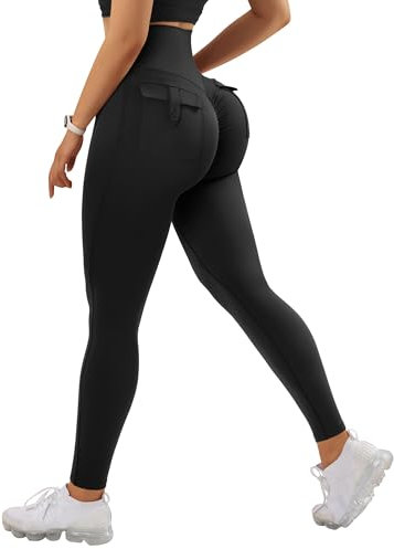 RXRXCOCO Cargo High Waist Sport Leggings Damen Lang Blickdicht Push Up Sporthose Scrunch Booty Gym Leggings mit Taschen Schwarz M