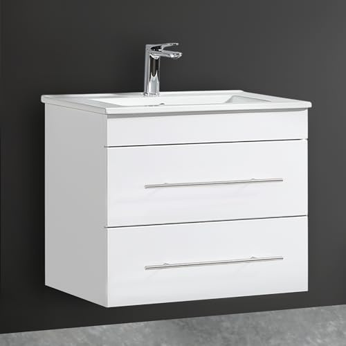 Alpenberger Badmöbel Set mit Waschbecken | Badschrank mit 2 Schubladen | Hängeschrank Bad | Waschtisch mit Unterschrank | Badezimmer Möbel | Waschbeckenunterschrank Weiß - 60 cm