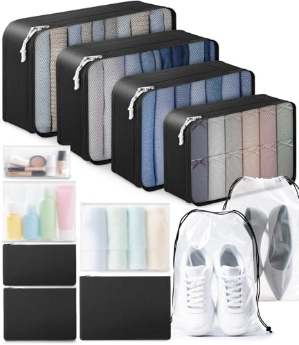 ALL INCLUDED - 12 Set Packing Cubes for Suitcases Carry On, Travel Essentials/Accessories Luggage Organizer Bags Set, Includes Cubes, Shoes Bag, Matte Cosmetic Bag, Zipper Bags