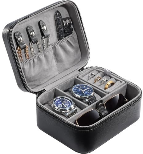 ProCase Reise Uhrenkoffer, 2 Slots PU Leder Uhrenbox Uhren Aufbewahrungbox Uhrenkasten Uhrenschatulle Watch Case -Schwarz