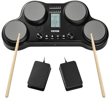 VEVOR Batería Eléctrica 163 Sonidos Sobremesa con 4 Pads Sensibles a la Velocidad, Conector para Auriculares, Altavoces Integrados, Baquetas de 5 A, Pedales, Midi para Principiantes y Profesionales