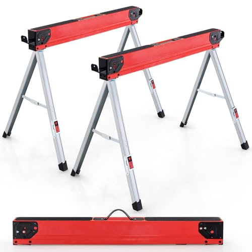 Heavy Duty Folding Saw Horses - 2PCS 500kg Workbench Metal Trestle Stands with Support Arms, Portable Twin Pack in Red+Black