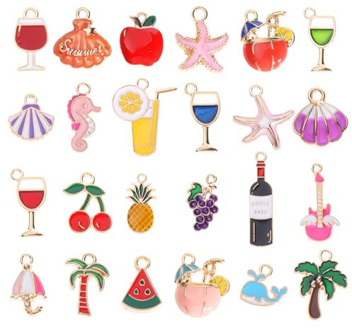 Grevosea 24 Stück Perlen Anhänger Weinglas Anhänger Charms Weinglasmarker Charms zum Schmuck Emaille Anhängers Set für Halskette Ohrring Armband Schmuckherstellung