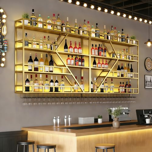 RAJYQODIS Wall Mounted Wine Rack, Large Metal Wine Bottle Holder, Modern Fashion Diamond Shaped Floating Bar Unit Wine Storage Shelves, for Home Restaurant Bars Decor (gold, 4 Tier-160cm)