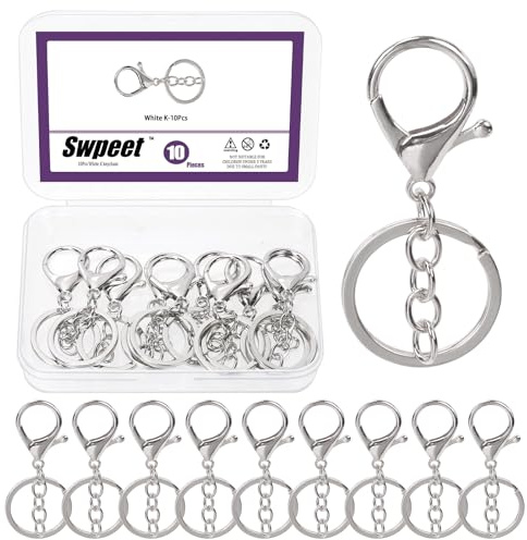 Swpeet, set di 10 moschettoni argentati con portachiavi e anello piatto fessurato, moschettoni girevoli, ganci girevoli per tracolla di borsa a mano, portachiavi, creatività