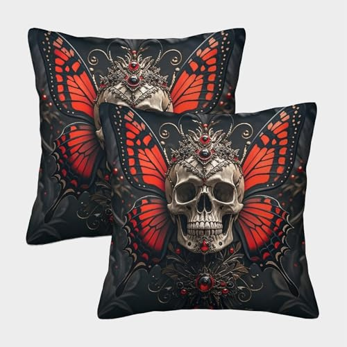 Fundas De Cojines con Cráneo Juego De 2 Funda De Almohada Cráneo Alas de Mariposa Rubí con Cremallera Poliéster Decorativos para Sofá Coche Cama Sillas 50x50cm