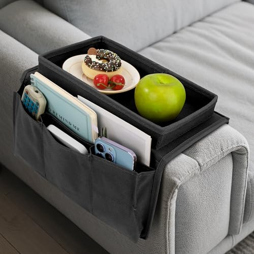 Jesustree Organizzatore Divano, Portaoggetti per Vassoio Bracciolo da Divano Borsa con 5 Tasche per Telecomandi, Resistente Antiscivolo per Poltrona Divano, Telefoni, Libri, Riviste, Nero
