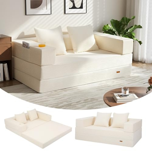 MeMoreCool Sofá cama plegable, silla plegable, silla convertible plegable para adultos, futón para espacios, sala de estar, habitación de invitados, color beige