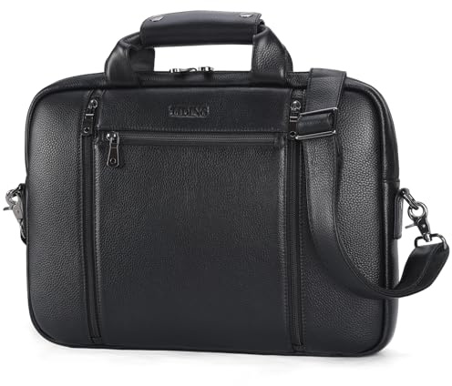 TIDING Full Grain Leather Briefcase for Men 15.6 Laptop Waterproof, Black | Genuine Leather Briefcases for Men,Adjustable Shoulder Straps,Business Satchel, Crossbody Briefcase,Office Work