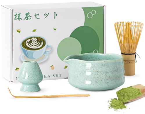 4Pcs Matcha Whisk Set， Matcha Set with Bamboo Matcha Whisk, Ceramic Bowl, Scoop & Holder，Complete Matcha Kit with Giftbox Packing Gift for Matcha Lover