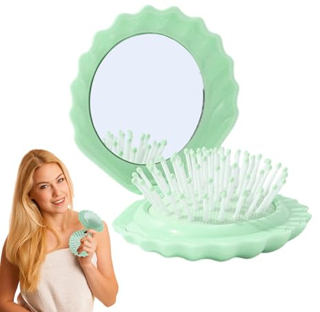 Huxibai Foldable Travel Brush | Travel Hair Brush in Shell Shape - Comb Massager Scalp Mirror Makeup Small for Daily Use Bath Shower Beach Pool Camping
