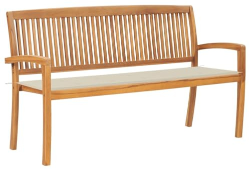 QUAHEAS Stapelbare Gartenbank 159 cm, Massivholz Teakholz, wetterfeste Outdoor Sitzbank mit bequemer Auflage, ideal für Terrasse, Garten, Hof, als Möbel