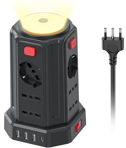 2 M Ciabatta Elettrica Multipresa con Luce 12 Universali ITA e Schuko,4 USB | 12 AC Prese Multipla,Multipresa con 3 USB A+1 USB C, Protezione Sovratensione Prolunga Elettrica, 4 Interruttori Indipendenti