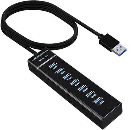 HUB USB3.0 de 7 Puertos, Adaptador USB de Cable de 150CM, Multipuerto USB Compatible con PS4, Surface Pro, Laptop, Móviles, HDD Externo, MacBook Air/Pro, Mini, Portátil, Disco, Teclado, Ratón