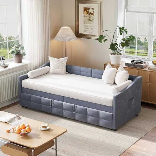 Polsterbett Schlafsofa 90x200 cm, Tagesbett ausziehbar mit Ausziehfunktion, Ausziehbares SchlafsofaTagesbett mit Ausziehbett und Lattenrost aus Holz, Gästebett Daybett, Ohne Matratze (Grau-A)