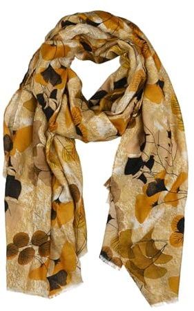 LUMBERJACK Sciarpa da Donna Morbida in Viscosa, Fantasia Floreale e Foglie, Ocra e Marone, Elegante e Calda, Con Scatola Regalo