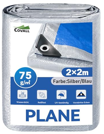 COVALL Tarpaulin 2m x 2m,75gsm Waterproof Groundsheet,Silver & Blue Tarp | Small Tarpaulin Plastic Sheeting UV&Tear Resistant With Reinforced Grommets For Outdoor,Shelter,Camping,Garden,Wood,Car
