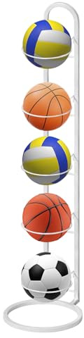 LURICO Supporto per palline verticale a 5 livelli, stabile supporto per 5 palline, rimovibile e salvaspazio, scaffale robusto per basket, calcio e pallavolo (bianco)