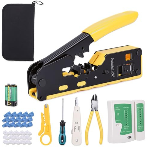 Vexnaro Kit Crimpadora RJ45 Profesional, Herramienta de Crimpado con Comprobador de Cable Pelacables y Conectores Pasantes Cat5 Cat6 Cat7, Alicates de Red para Instalación Reparación
