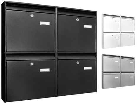 banjado Burg-Wächter Briefkastenanlage - Briefkasten 4 Parteien - Briefkästen Schwarz - Postkasten Mehrfamilienhaus - Briefkasten XXL mit Namensschild