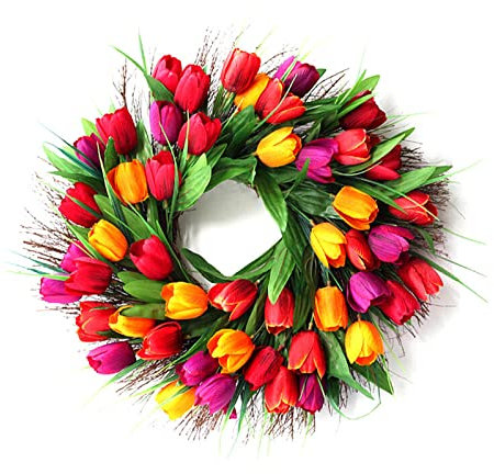 MSUIINT 17.7 inch Artificial Tulip Flower Wreaths, Spring Silk Tulip Wreath Door Wreath Four Seasons Front Door Decor with Tulip and Green Leaves