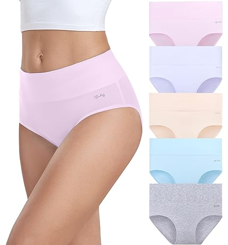 coskefy Underwear Women, High Waisted Cotton Knickers Ladies Full Briefs Soft Panties Slight Tummy Control Pants 5 Pack L
