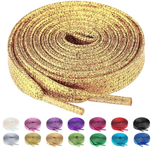 Olukssck 2 Paires Lacets Plats Pailletés Premium, Lacets de Remplacement de 10mm de Qualité Supérieure pour Chaussures de Sport, Chaussures de Ville, Or Foncé, 120cm