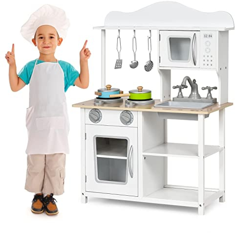 GYMAX Wooden Play Kitchen, Kids Kitchen Playset with Oven, Stove, Sink, Shelf & Cookware Accessoires, Pretend Play Toy Kitchen for Girls Boys Age 3+