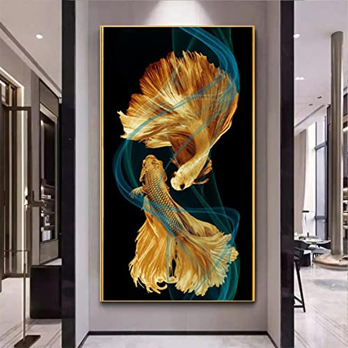 GEMMII Koi Fisch Poster Feng Shui Karpfen Lotus Teich Druck Abstrakte Malerei Wandkunst Bild für Wohnzimmer Dekor 29,7 x 42 cm Gerahmt