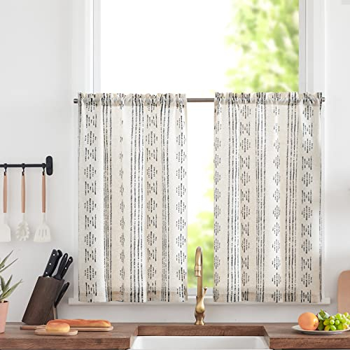 TOPICK Boho Gestreifte Küchen Scheibengardine Leinen 60cm Lang Bohemian Kurz Bistrogardine mit Streifen Lichtfilterung Küchengardinen für Esszimmer Badezimmer Klein Fenster Schwarze auf Beige 2er Set