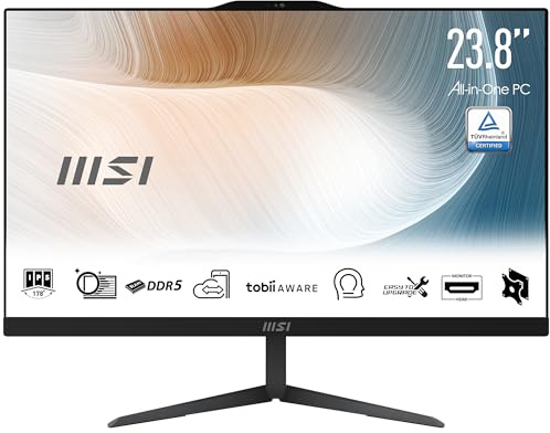 MSI Modern AM242 1M-1084FR PC Tout-en-Un - 23.8 FHD IPS, Intel Core 3 100U, 8 Go DDR5, SSD 256Go NVMe, WiFi 6E, Webcam et Haut-parleurs intégrés, Clavier et Souris sans Fil, Windows 11 Pro - Noir