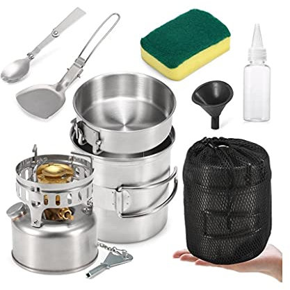 Camping Ustensiles de Cuisine Mess Kit avec Réchaud à Essence Marmite Casserole Spork Scoop Éponge De Nettoyage Bouteille D'huile Entonnoir