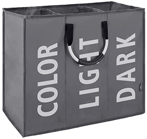 DOKEHOM 120L Large Collapsible Washing Laundry Basket Bag with 3 Sections for Bedroom, Fabric (Dark Grey)