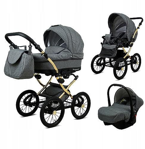 BabyLux® Kinderwagen Set 3 in 1 - Margaret Gold - incl. Babywanne, Buggy Sportsitz, Auto-Babyschale - Autositz - Kinderwagenset - Kombikinderwagen mit Wickeltasche, Regenschutz usw.