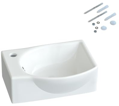 Waschbecken Keramik Waschtisch Hängewaschbecken klein Handwaschbecken Weiß Eckig-Oval 40 x 28 cm Badezimmer Gäste WC | Hahnloch Links | Überlauf | Stockschrauben | OHNE Wasserhahn | OHNE Ablaufventil