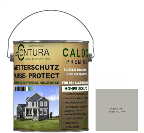 Contura Wetterschutzfarbe 1 Liter Holz Dauerschutzfarbe Deckend Buntlack Holzfarbe Holzlasur Seidenmatt (Pegasus Grau - RAL 7044 Analog)