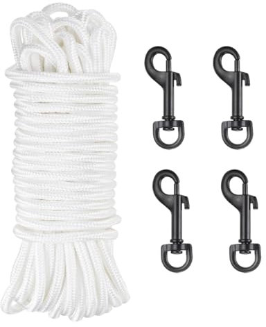 sourcing map 100Ft Flag Pole Rope Kit, Flag Pole Halyards Rope 15/64 Thick with 4 Pcs Zinc Alloy Swivel Flagpoles Clips Hook(Gold), Nylon Flagpole Line Rope White